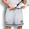 Custom men's tennis shorts in light grey featuring a logo and a striped waistband.