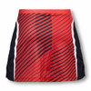 A custom women's netball skirt in red and black with a distinctive striped pattern and white side accents.