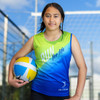 A girl wearing a bright green and blue sports singlet, holding a volleyball, with a sports net in the background.