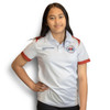 A white sports polo with red sleeves, featuring a logo on the chest, designed for kids' sports uniforms.