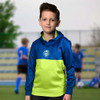 A blue and green custom kids sports hoodie featuring a logo, designed for sports activities.