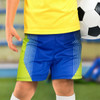 Custom kids sports shorts in blue and green, featuring a logo, ideal for sports activities.