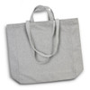 A grey tote bag with two handles, featuring a simple design and a logo.