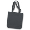 A dark grey canvas tote bag with two long handles and a simple design. It features a logo.