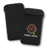 A black phone pouch with a rounded top, featuring a logo on the front.