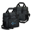 A black and grey camouflage cooler bag with shoulder straps and a front pocket. Contains a logo.