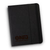 A sleek black tablet case with a textured finish and an embossed logo on the front.