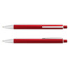 A red metal pen with silver accents, featuring a ribbed grip and a clip. The pen appears sleek and modern.