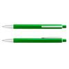 A green metal pen with a silver clip and accents, featuring a textured grip. It has a sleek design with a logo.