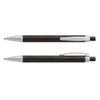 A sleek black Guilloche pen featuring silver accents, presented with a logo. Two pens displayed, top and bottom view.