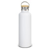 A drink bottle in white with a stainless steel cap and a bamboo handle. It has a logo on the side.