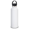 A drink bottle in white with a black carry lid, featuring a sleek, minimalist design.