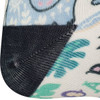 A patterned sock featuring light blue, black, and pastel colours, with various designs and a logo on the ankle.