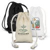 Three small cotton gift bags in black, white, and natural tones, each with a different design and logo.