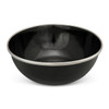 A black enamel bowl with a silver rim, featuring a shiny, smooth interior finish.