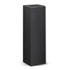 A tall, black rectangular box with a sleek design and a subtle shiny finish, featuring a logo on the side.