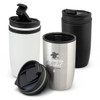 A double wall cup set featuring a black, white, and stainless steel finish, each with a lid and branding.