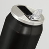 A drink bottle in matte black with a silver lid and a clear drinking spout, featuring a logo.