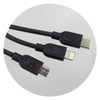 A black bamboo triple connector cable featuring USB, Lightning, and Micro USB connectors.