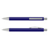 A blue soft-touch pen with silver accents, featuring a clip and a smooth writing tip. It has a simple logo.
