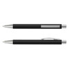A black Lancer Soft-Touch Pen with silver accents, featuring a sleek design and a branding logo.