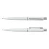 A set of two white plastic pens with silver accents, featuring a sleek design and a clip for convenience.