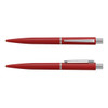 A red plastic pen with a silver clip and accents, displayed from two angles. It features a logo.