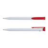 A recycled plastic pen in white with a red clip and accent. The pen features a logo on its body.