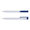 A recycled plastic pen in white with blue accents, featuring a logo on the side.