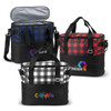 Three insulated cooler bags in black and various check patterns: blue, red, and black with white checks, each with a logo.