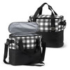 A black and white checked cooler bag with a zippered opening and detachable straps. It features a logo.