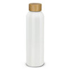 A drink bottle in white with a bamboo lid, featuring a sleek design and a logo on the side.