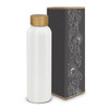 A drink bottle with a white aluminium body and a bamboo lid, accompanied by a decorative box featuring intricate designs.