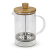 A coffee plunger with a clear glass body, metal filter, and a wooden lid. Ideal for brewing beverages.