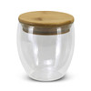 A glass food container with a bamboo lid, featuring a clear, curved design.