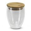 A drink bottle with a clear glass body and a bamboo lid, designed for reusable coffee or beverages.