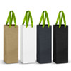 A set of four paper bags with green ribbon handles in brown, white, navy, and black colours. Each bag features a logo.