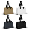 Four small ribbon handle paper bags in gold, white, navy, and black, featuring black handles and a simple design.