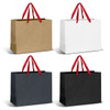 Large ribbon handle paper bags in brown, white, and black, featuring red handles, arranged in a 2x2 grid.