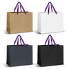 Large ribbon handle paper bags in brown, white, and black with purple handles, featuring a logo on each bag.