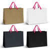 A set of four extra large ribbon handle paper bags in gold, white, black, and dark black, each with pink handles.