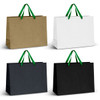 Four extra large ribbon handle paper bags in brown, white, green, and black with green handles.