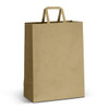 An extra large flat handle paper bag in a natural kraft colour, featuring a simple design and two top handles.