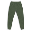 A pair of green unisex sweatpants with an elastic waistband and side pockets. It features a logo.