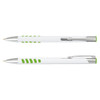 A metal pen with a white barrel and green accents, featuring a clip and a logo.