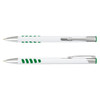 A metal pen with a white barrel and green accents, featuring a silver clip and detailing.