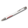 A white barrel pen with red grip accents and a silver clip, featuring a logo on the side.