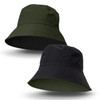 A reversible bucket hat in dark green and black, featuring a logo on one side.