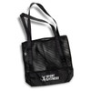 A black mesh sports tote bag with two shoulder straps and a logo on the front.