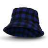 A blue and black checkered bucket hat with a wide brim, featuring a subtle logo on the exterior.
